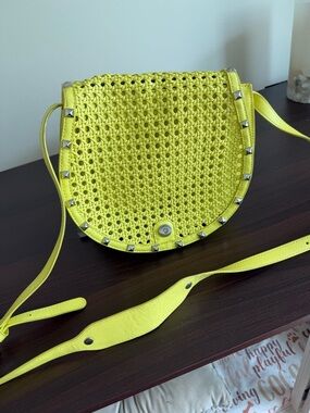 Rebecca Minkoff Neon Yellow Woven Saddle Crossbody with Silver Studs